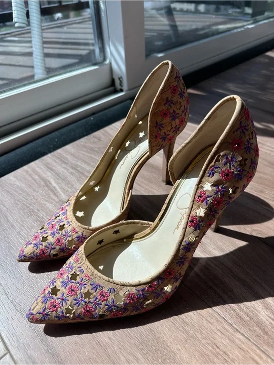 Jessica Simpson Claudette Pink Multi Floral Cork D’Orsay Pumps
