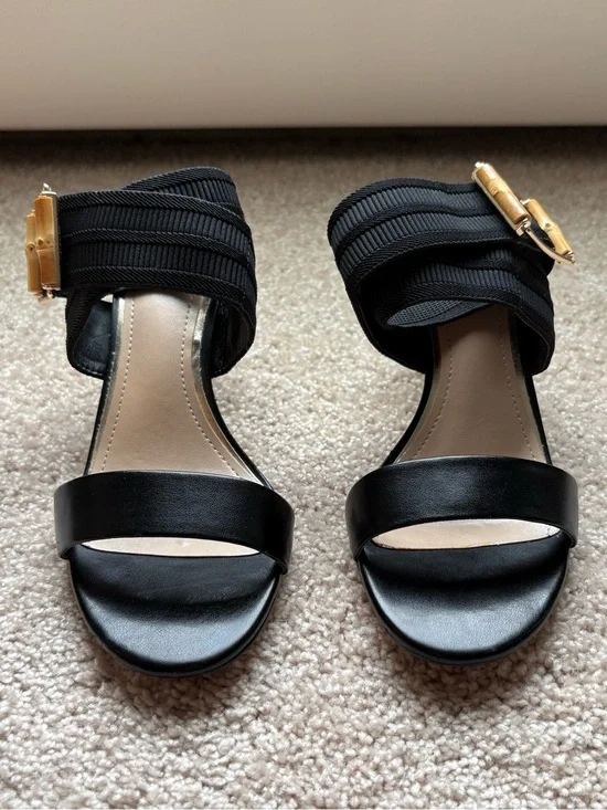 White House Black Market Black Open-Toe Heeled Sandals with Gold Buckle