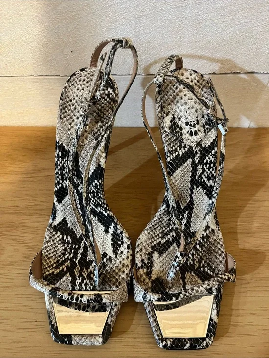SCHUTZ Snakeskin Print Strappy Heels in Black and Cream