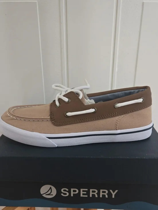 Sperry Boys’s Beige and Brown Canvas Boat Shoe with White Laces