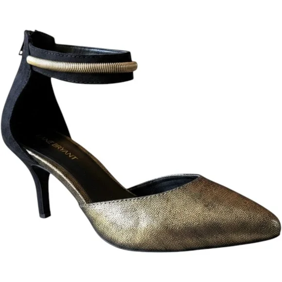 Lane Bryant Gold Metallic Pointed Toe Ankle Strap Kitten Heels Black 10W Wide