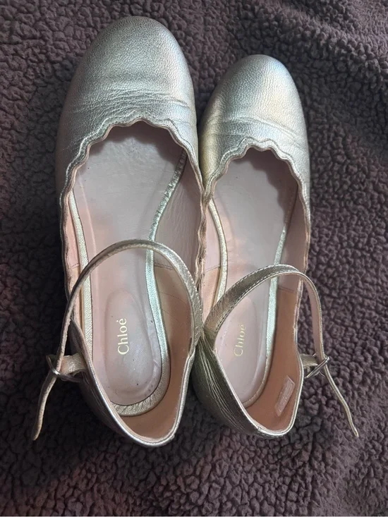 Chloé Metallic Rose Gold Scalloped Ballet Flats with Ankle Strap