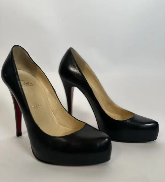 Christian Louboutin Black Leather Platform Pumps Heels Size 36 Red Sole