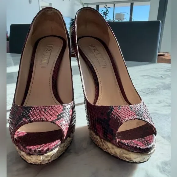 Prada Women's Burgundy and Beige Snakeskin Peep Toe Heels