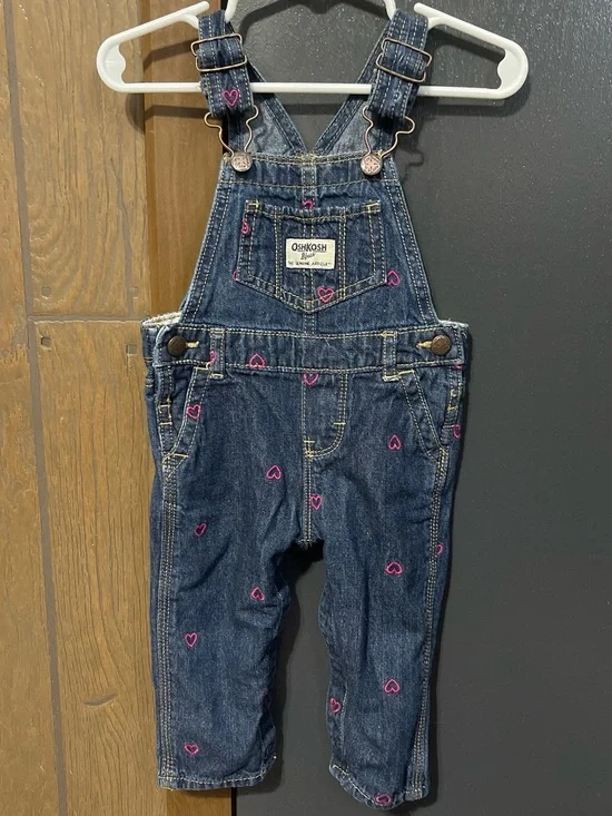 Vintage OshKosh B'gosh Dark Blue Denim Overalls with Pink Heart Accents