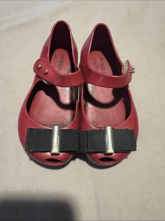 Mini Melissa Red Mary Jane Flats with Black Ribbon Bow