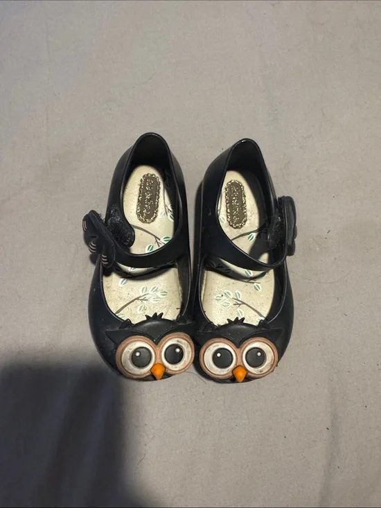 Mini Melissa Black Owl Mary Janes with Brown & Orange Accents