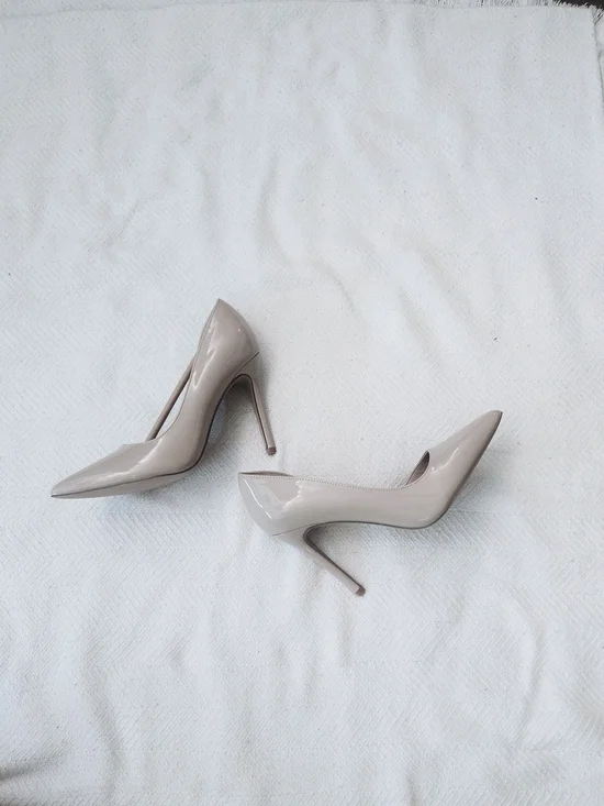 Shoedazzle Pointed Toe Patent Stiletto Pumps - Taupe