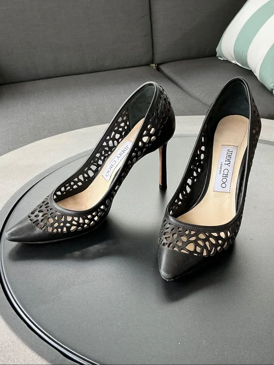Jimmy Choo Black Laser-cut Kid Leather Romy 85 Pumps