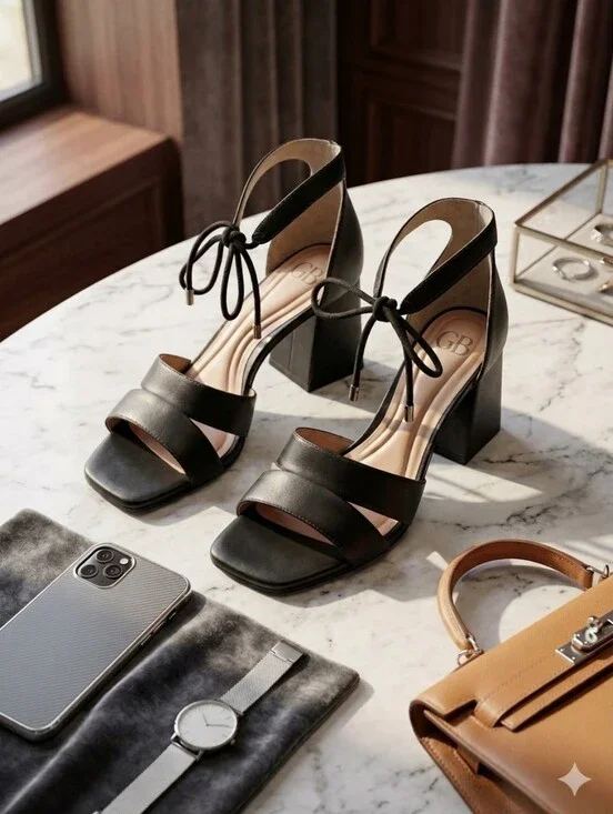 GB Black Leather Strappy Block Heel Sandals Size 7.5