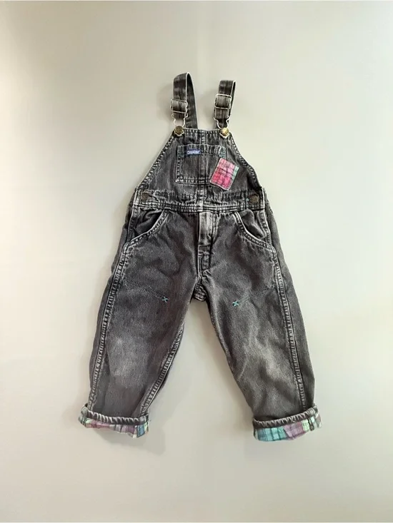 Vintage Oshkosh 80s Overalls Black Wash with Plaid Appliqué & Lining size 3T