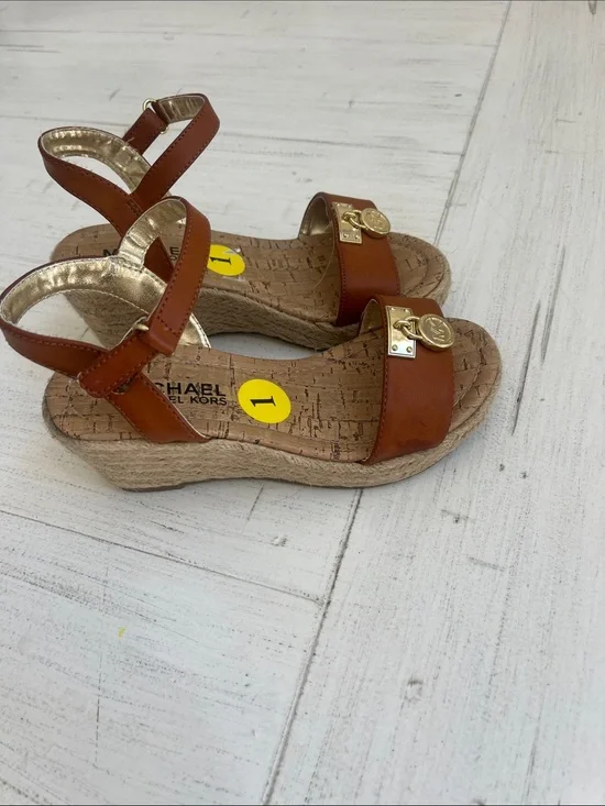 Michael Kors Brown Leather Wedge Sandals with Gold Logo Accent