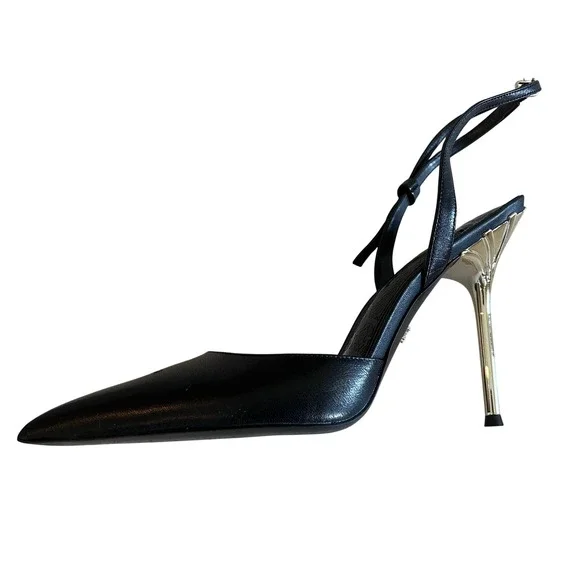 Sam Edelman Womens Black Leather Pointed Toe Slingback Gold Stiletto Heels 9.5