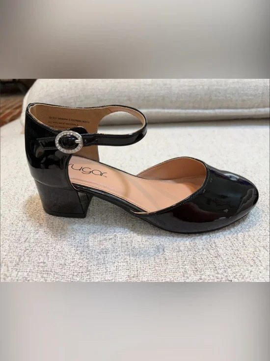 Sugar Black Patent Ankle-Strap Block Heel Dress Shoe