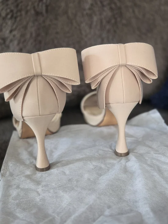 Nude Bow Accent Stiletto Heels - Women's Dress Pumps