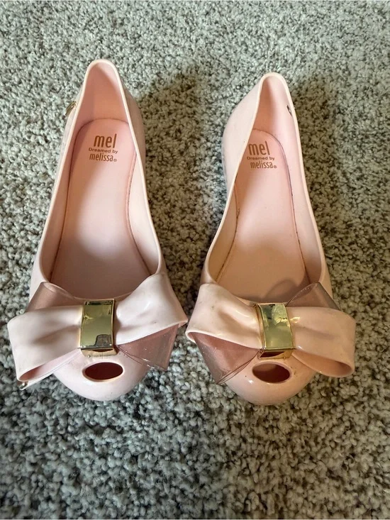 Mini Melissa Pink Bow Peep-Toe Flats with Gold Accent