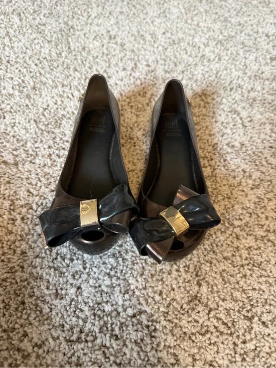 Mini Melissa Black Peep-Toe Bow Flats with Gold Accent