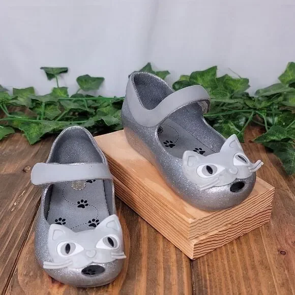 Mini Melissa. Size 8. Kids Glittery Cat Shoes - Gray. EUC