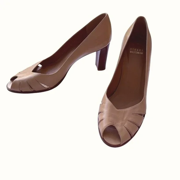 Stuart Weitzman Tan Leather Peep Toe Block Heel Pumps Cutout Size 8M 3