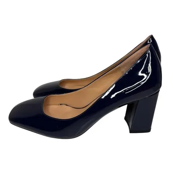 Wayderns Vintage Patent Leather Navy Blue Block Heel Pumps Womens 8.5 NIB