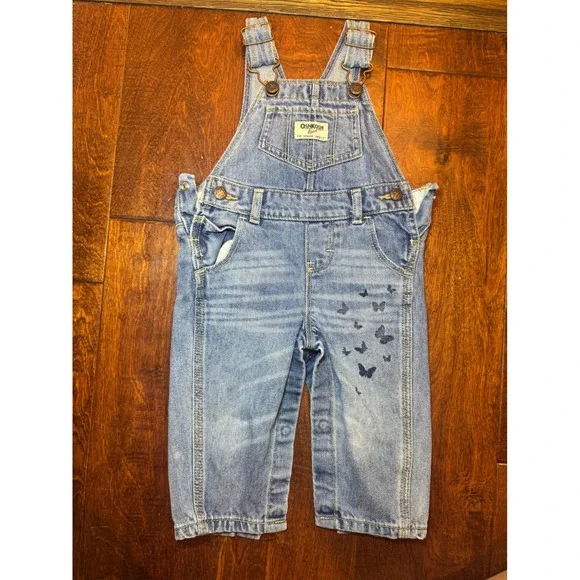 OshKosh Bgosh Girls Denim Butterfly Overalls Light Wash 9M Baby Blue Jeans