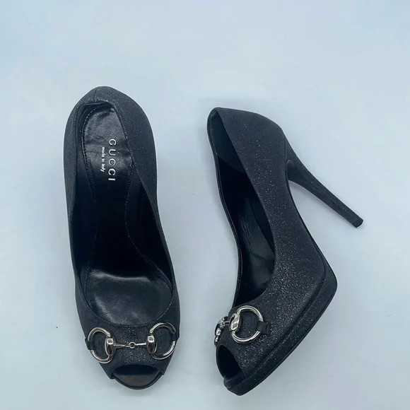Gucci Black Leather silver glitter peep toe horsebit pumps 37