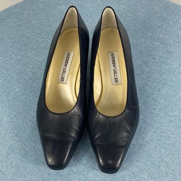 Andrew Geller classic black leather square toe heels size 8 M