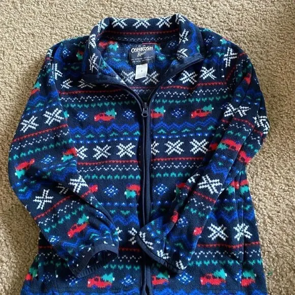 Boys OshKosh Red Truck and Christmas Tree Holiday Fleece Zip Up Jacket