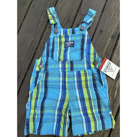 New Vintage Oshkosh Boy Overalls Shorts Baby 12 M Blue Green Plaid