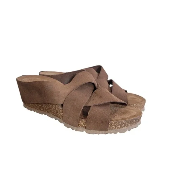 Yokono Candela Sz‎ 8 Suede Genuine Leather Cork Platform Wedge Slip On Sandals