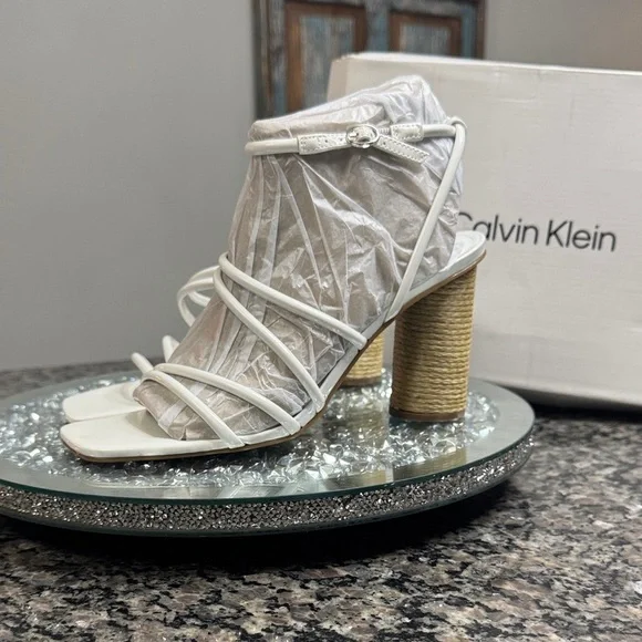 Calvin Klein White round Block Heel Sandals NWT 9.5