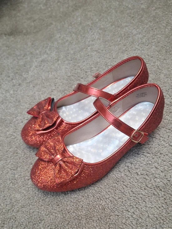 Girls Metallic Red Glitter Mary Jane Shoes with Bow