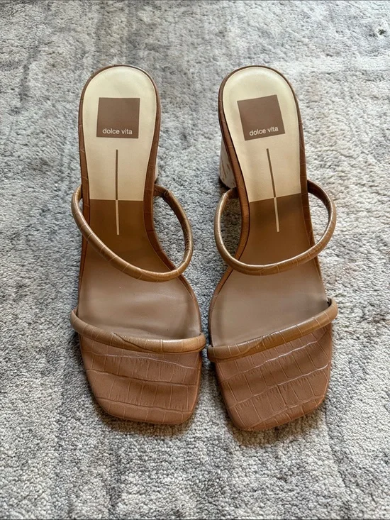 Dolce Vita Tan Croc-Embossed Double-Strap Block Heel Sandals - pony hair heel