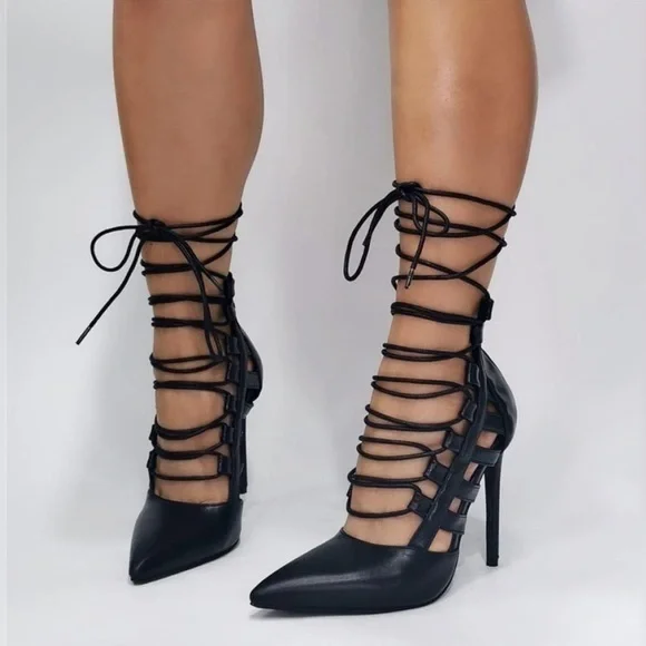 Lace Up Strappy Stiletto Pointed Toe Heels, Black 9