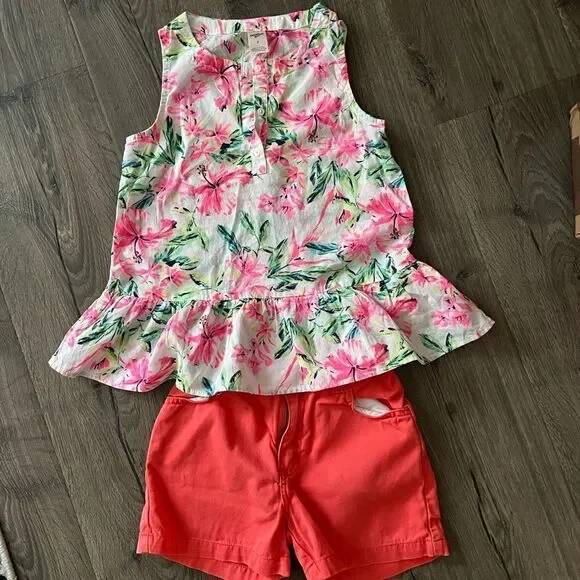 OSHKOSH FLORAL PINK PRINT PEPLUM TANK and short size 7