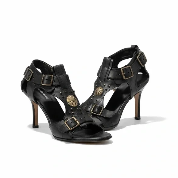 Manolo Blahnik Black Leather Buckle Sandals Brass Medallion Vintage Heels