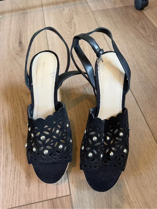 Marc Fisher Hata Black Laser-Cut Studded Slingback Wedge Espadrille Heels