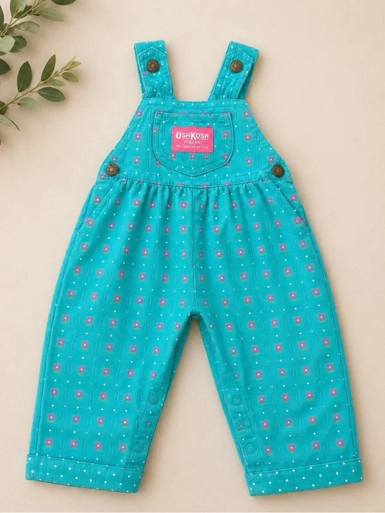 Vintage OshKosh B’gosh Aqua Floral Print Toddler Overalls Snap Leg Girls Romper