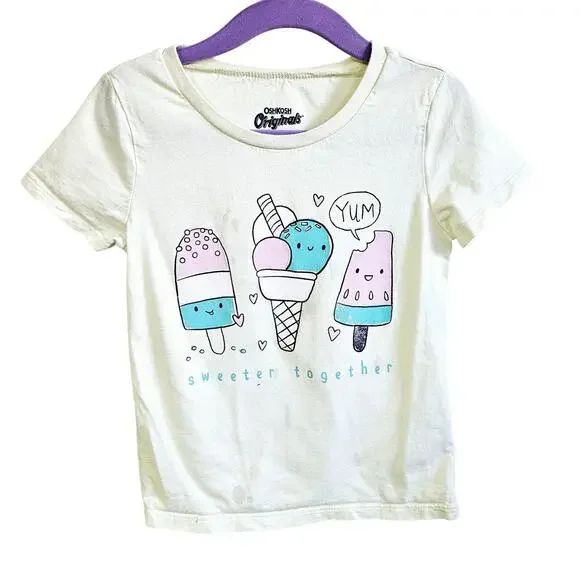 OshKosh Girls 5T Sweeter Together Graphic Tee Shirt Yellow Ice Cream Popsicles