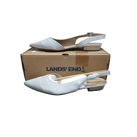 Lands End Silver White Satin Slingback Pointed Toe Low Heel Flats Womens 10