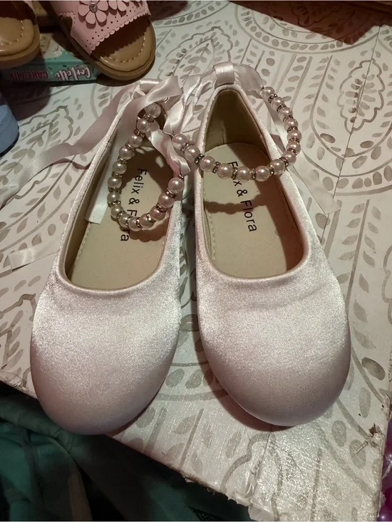 Girls' Pink Satin Ballet Flats with Pearl Anklet