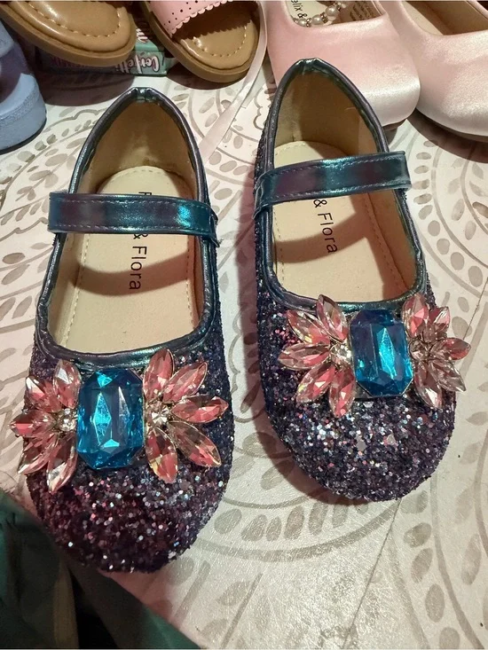 Kids Sparkle Mary Jane Shoes - Iridescent Purple with Blue & Pink Gems