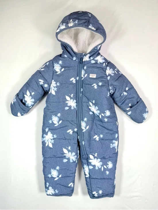 OSHKOSH Baby Girl Snowsuit‎ 6-9M Blue Floral Hooded Winter Puffer Cottagecore