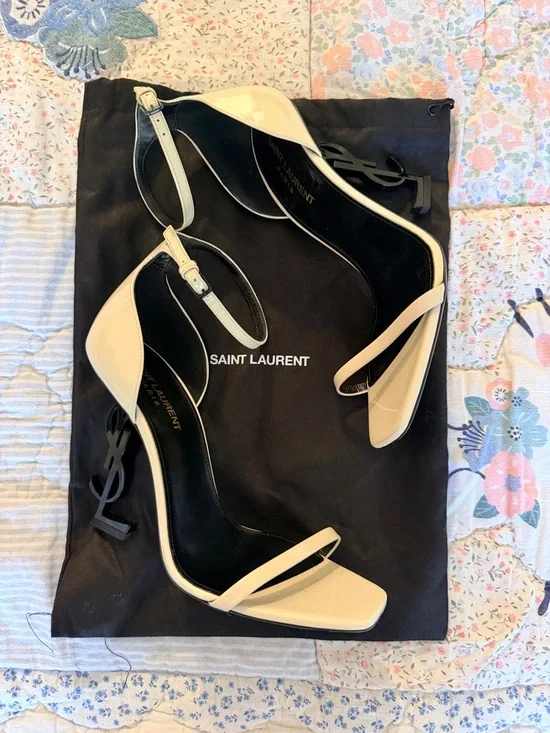 Saint Laurent Cream Patent Leather YSL-Heel Sandals
