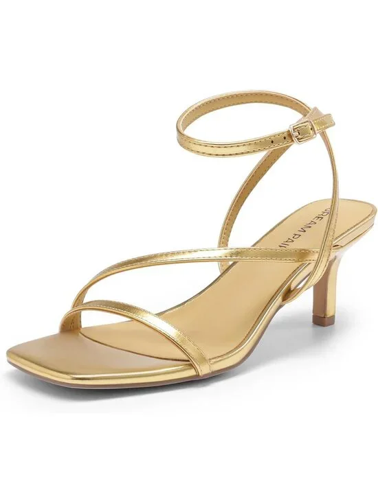 Women's Gold Faux Leather Low Kitten Heels Open Square Toe Ankle Strap Sandals