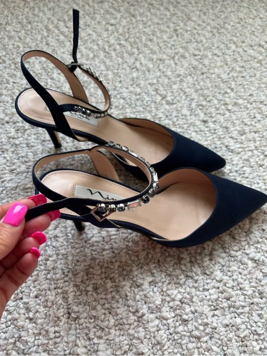 Nina New York Navy Slingback Heels with Crystal Embellished Strap -
