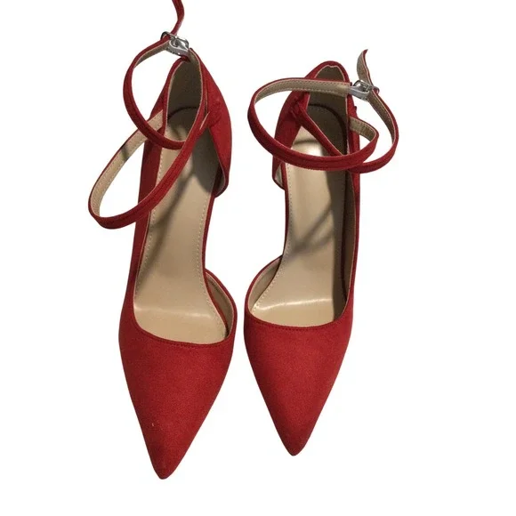 Red Faux Suede Pointed Toe Ankle Strap D'Orsay‎ High Heel Pumps Size 39