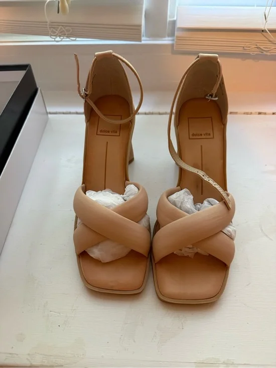 Dolce Vita Nude Tan Crisscross Ankle-Strap Block Heels