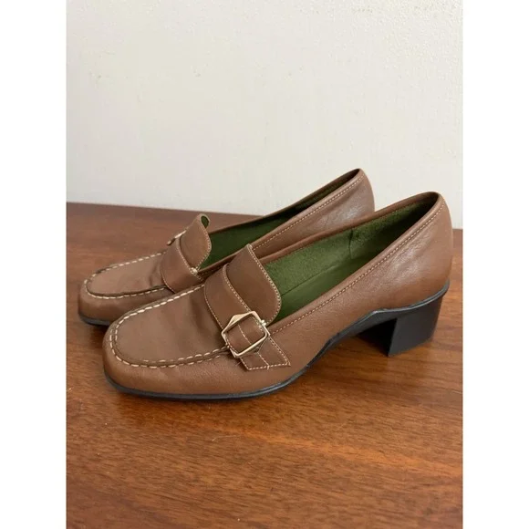 Aerosoles Women's Brown Leather Heeled Loafers Square Toe Comfort Pumps 7.5M