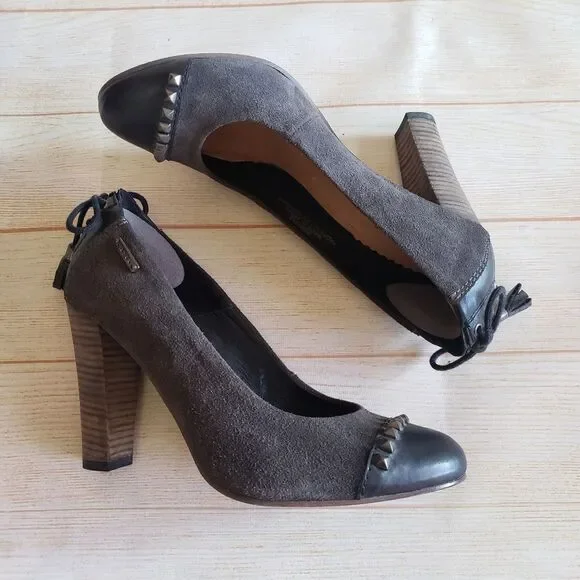 Diesel Leather Suede Round Toe Studded Tassel Heel Pumps Shoes Brown Size 39
